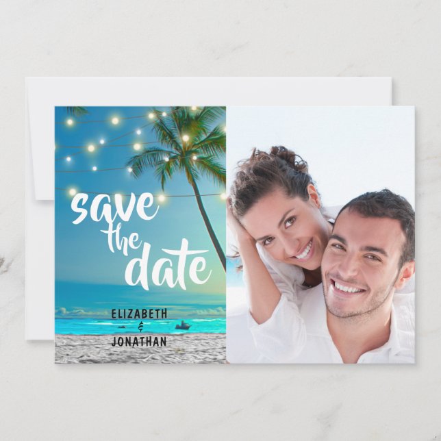String Lights Tropical Beach Save The Date Photo Z (Front)