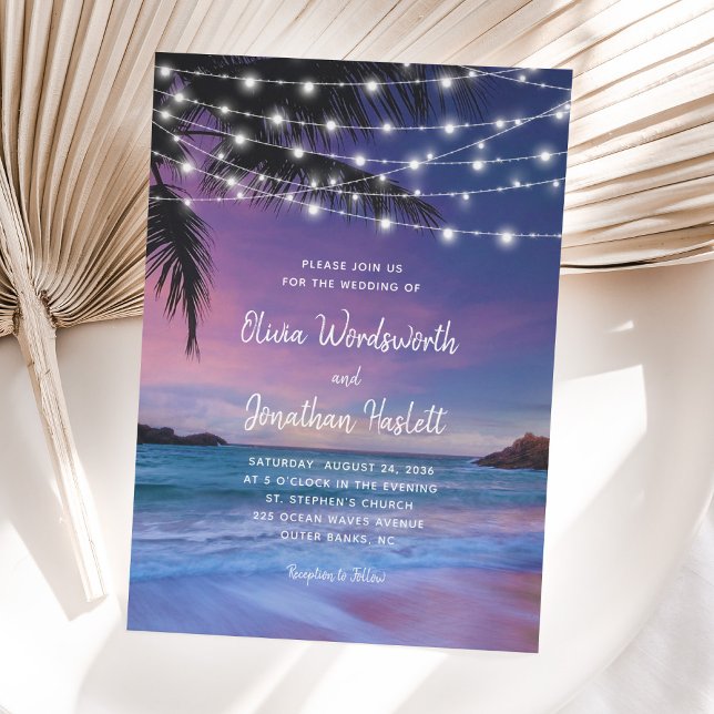 String Lights Tropical Beach Sunset Wedding Invitation (Creator Uploaded)