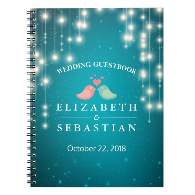 String Lights Turquoise Glitter Wedding Guestbook Spiral Notebook (Front)