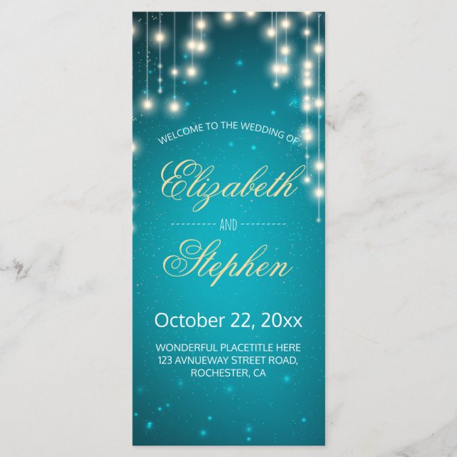 String Lights & Turquoise Glitter Wedding Program Programme (Front)