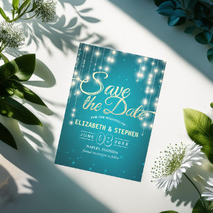 String Lights Turquoise Gold Script Save The Date