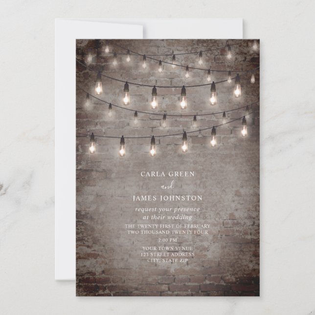 String Lights Vintage Brick Industrial Wedding Invitation (Front)