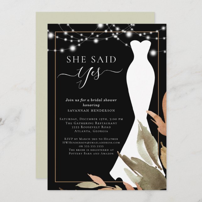 String Lights Wedding Dress Bridal Shower Invitation (Front/Back)