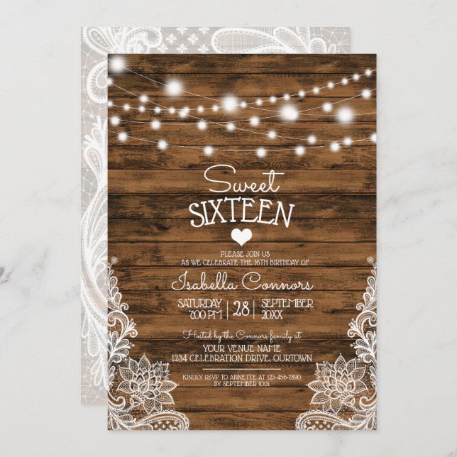String Lights Wood and Lace Sweet 16 Party Invitation (Front/Back)