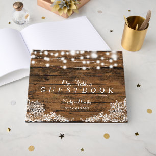 String Lights Wood and Lace Wedding Guest Book