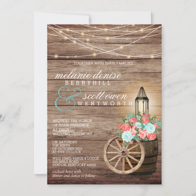 String Lights, Wood Barrel and Teal, Coral Flowers Invitation (Front)