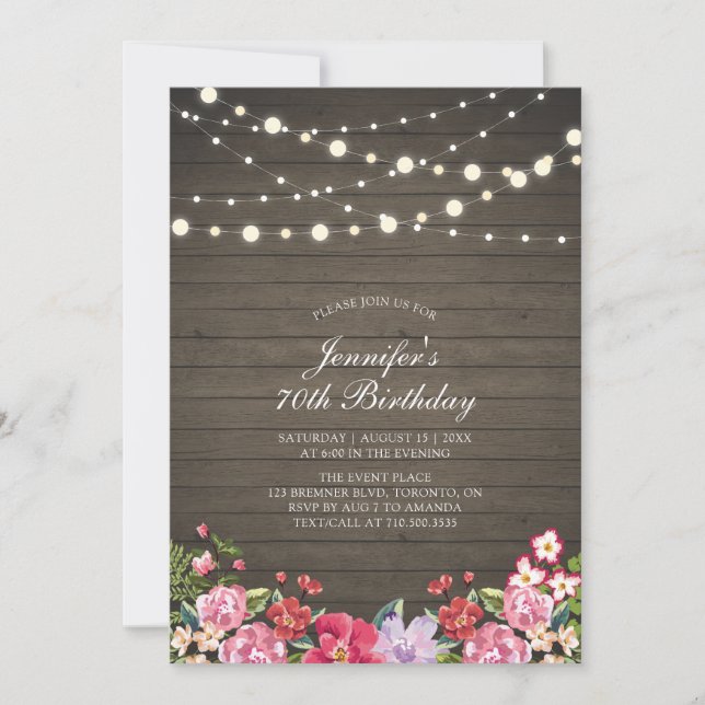 String Lights & Wood | Floral Adult Birthday Party Invitation (Front)