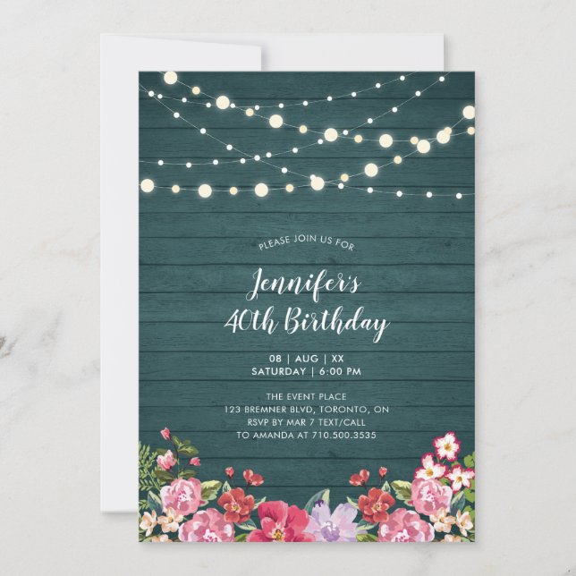 String Lights & Wood | Floral Adult Birthday Party Invitation (Front)