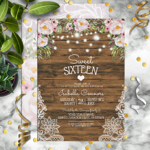 String Lights Wood Floral and Lace Sweet 16 Party Invitation