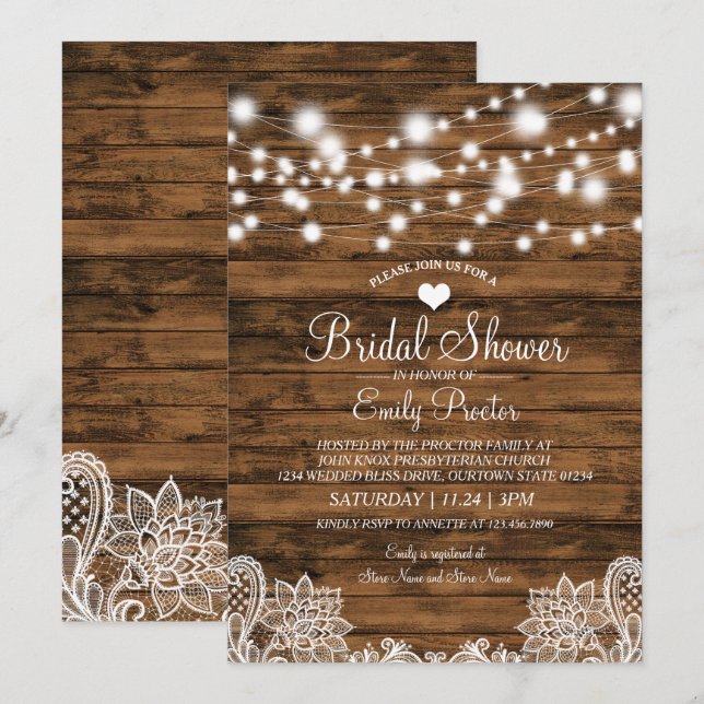 String Lights Wood & Lace Bridal Shower Invitation (Front/Back)