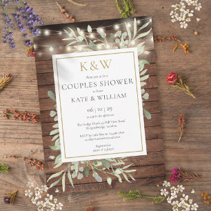 String Lights Wood Monogram Couples Shower Invitation