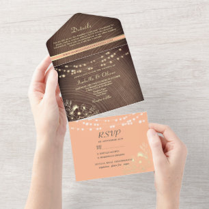 String Lights Wood Rustic Peach Wedding All In One Invitation