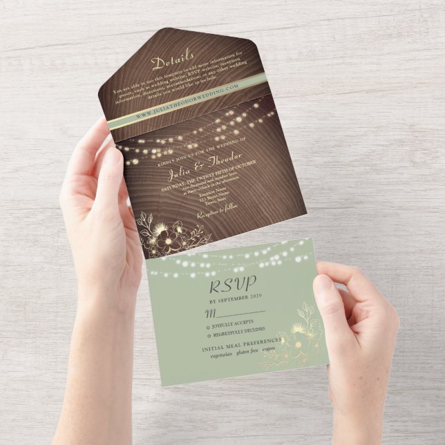 String Lights Wood Rustic Sage Green All In One Invitation (Tearaway)