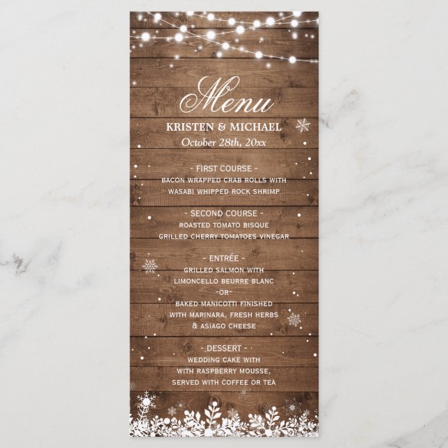 String Lights Wood Rustic Winter Wedding Menu (Front)