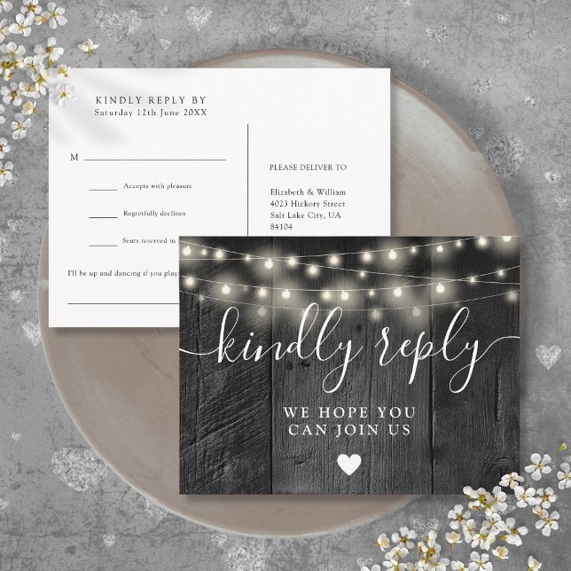 String Lights Wood Song Request RSVP Postcard (String Lights Wood Song Request RSVP Postcard)
