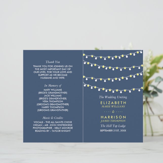 String Lights, Yellow & White Wedding Programme (Standing Front)