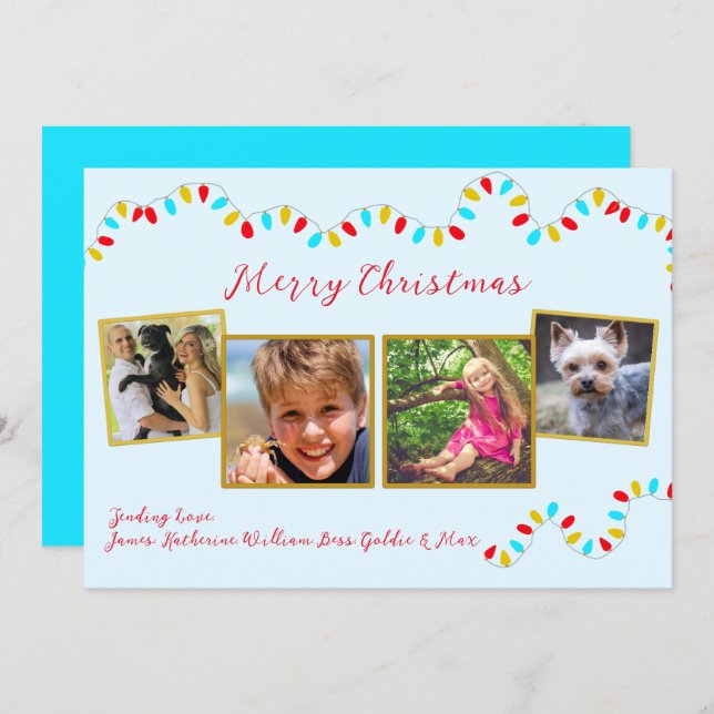 String of Lights Blue Christmas Four Photo Holiday Card (Front/Back)