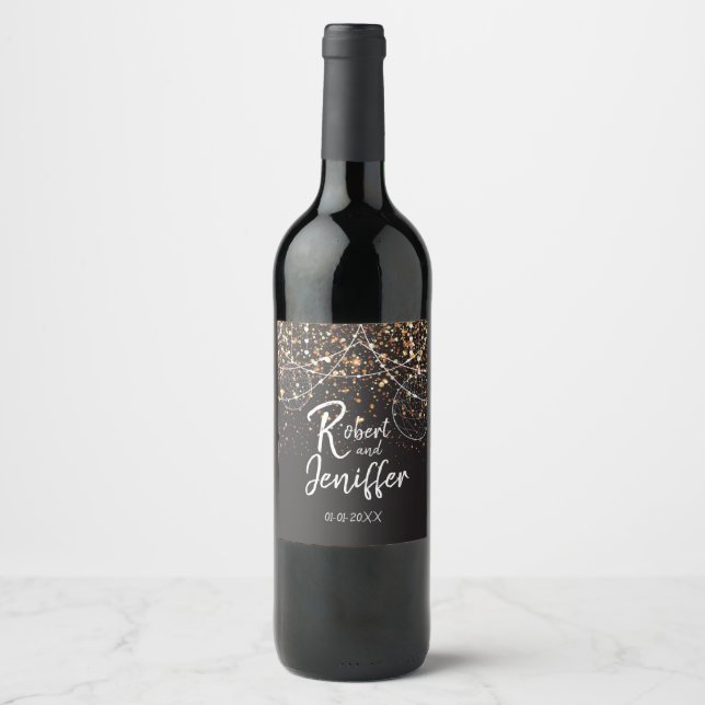 String of lights Gold confetti wedding themed Wine Label (Front)