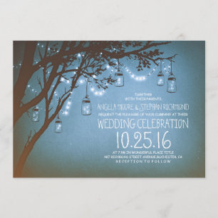 string of lights mason jars vintage wedding invitation