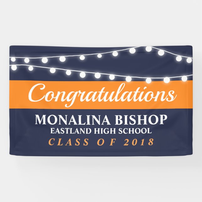 String Of Lights | Navy Blue Orange Graduate Banner (Horizontal)