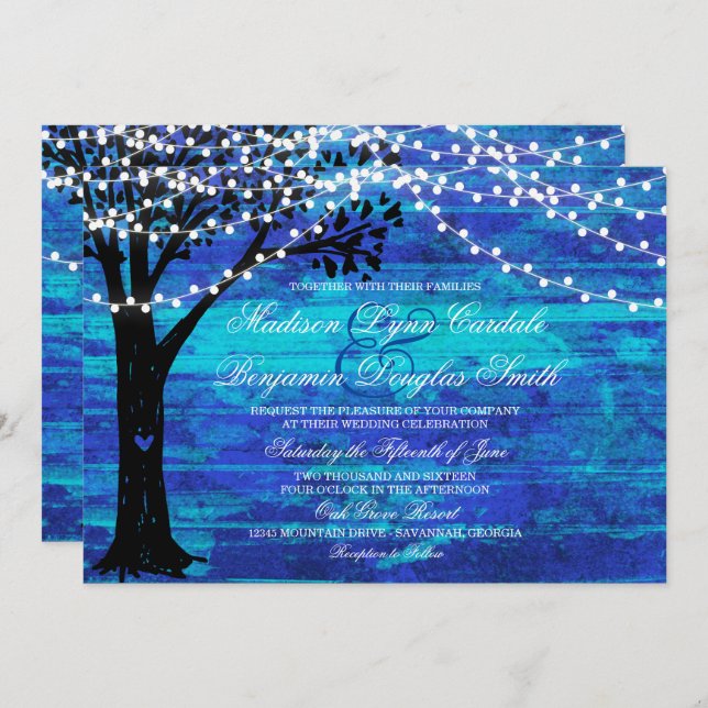 String of Lights Oak Tree Blue Wedding Invites (Front/Back)