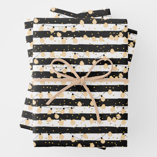String of Lights on Black White Stripes Wrapping Paper Sheet (In situ)