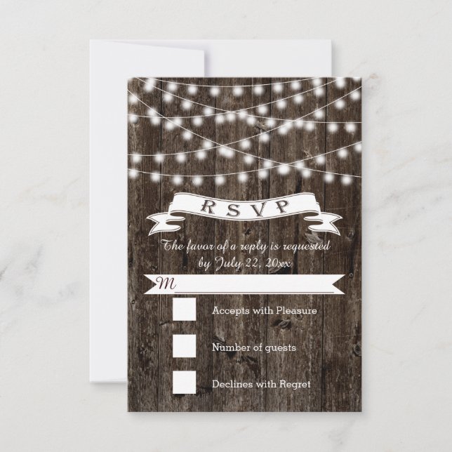 String of lights on wood and banner wedding RSVP Card (Front)