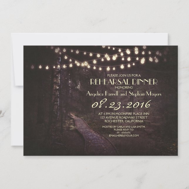 string of lights rustic trees rehearsal dinner invitation (Front)