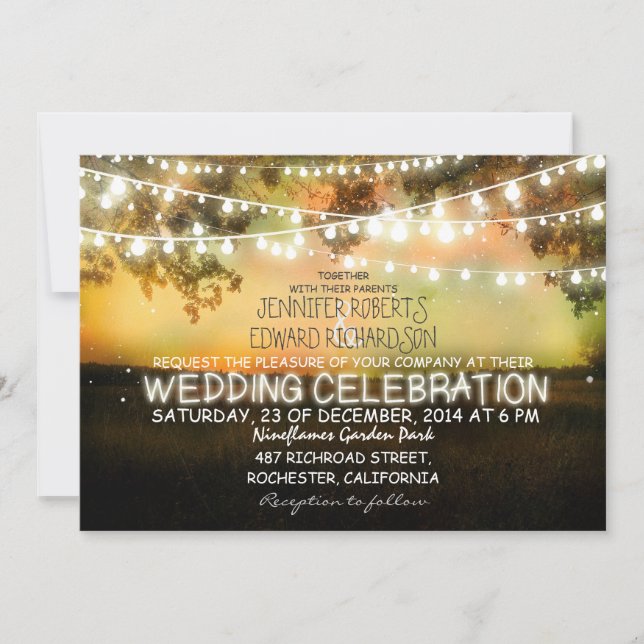 string of lights rustic wedding invitation (Front)