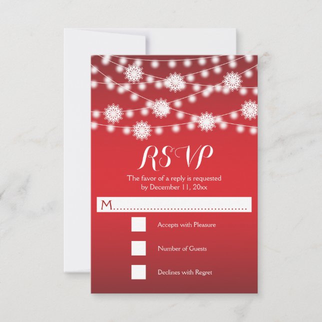 String of lights & snowflakes red wedding RSVP Card (Front)