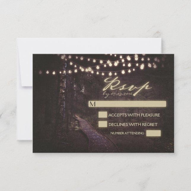 string of lights tree path wedding RSVP Card (Front)