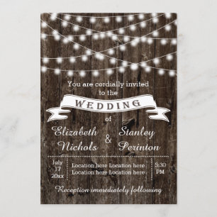 String of lights, wood and banner rustic wedding invitation