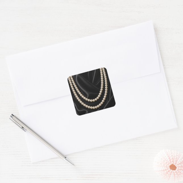 String of Pearls on Black Silk Square Sticker (Envelope)