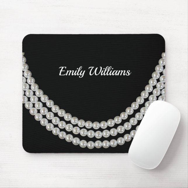String of Pearls on black with name Mouse Pad (With Mouse)