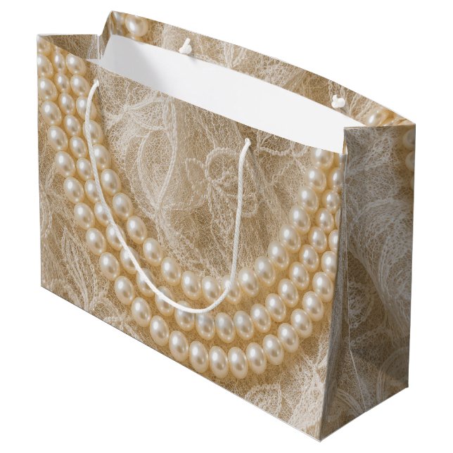 String of Pearls on Ivory Lace Large Gift Bag (Back Angled)