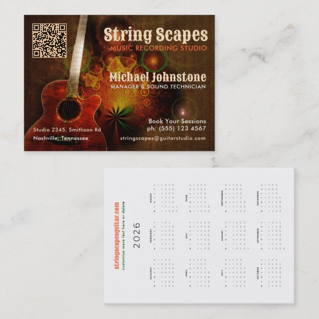 String Scapes Music Guitar Art w/ Calendar QR Code Business Card (Front/Back)
