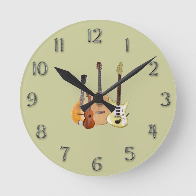 Strings-Musical Instruments/faux metal numerals Round Clock (Front)