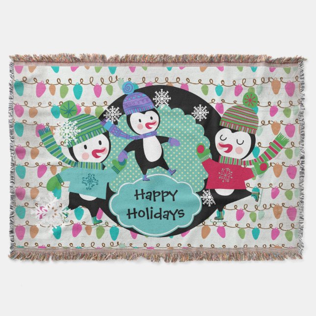 Strings of Lights Skating Penguins Holiday Throw (Front)
