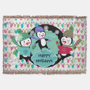 Strings of Lights Skating Penguins Holiday Throw Blanket