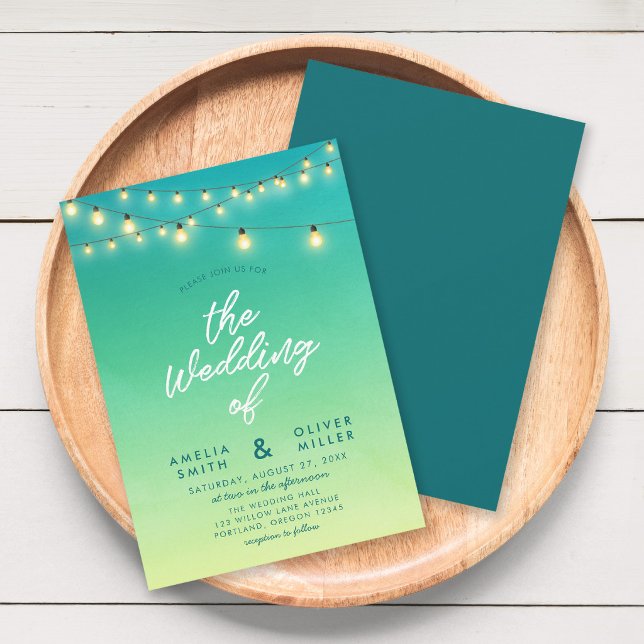 Strings of Lights Watercolor Sea Glass Wedding Invitation (Creator Uploaded)