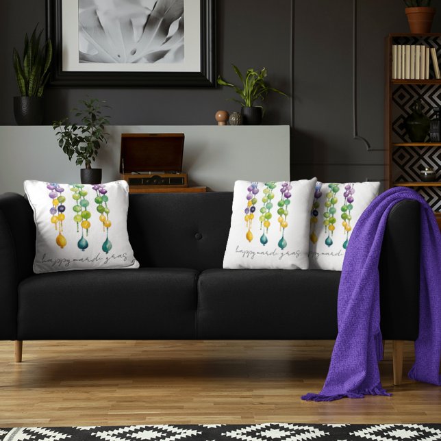 Strings of Mardi Gras Beads in Watercolor Cushion (Mardi Gras beads and Happy Mardi Gras typography on festive throw pillows for Shrove Tuesday. )