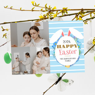 Strip Floral Simple Easter family Three photo Holiday Card