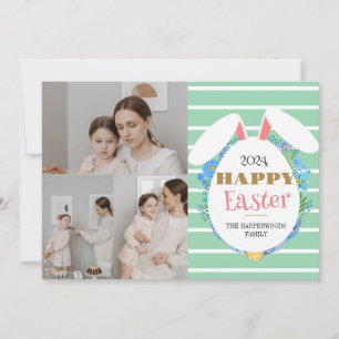 Strip Floral Simple Easter family Three photo Holiday Card