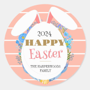 Strip Floral Simple Elegant Easter Bunny Family Classic Round Sticker