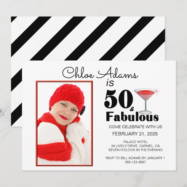 Stripe 50 & Fabulous 50th Birthday Personalised In Invitation (Front/Back)