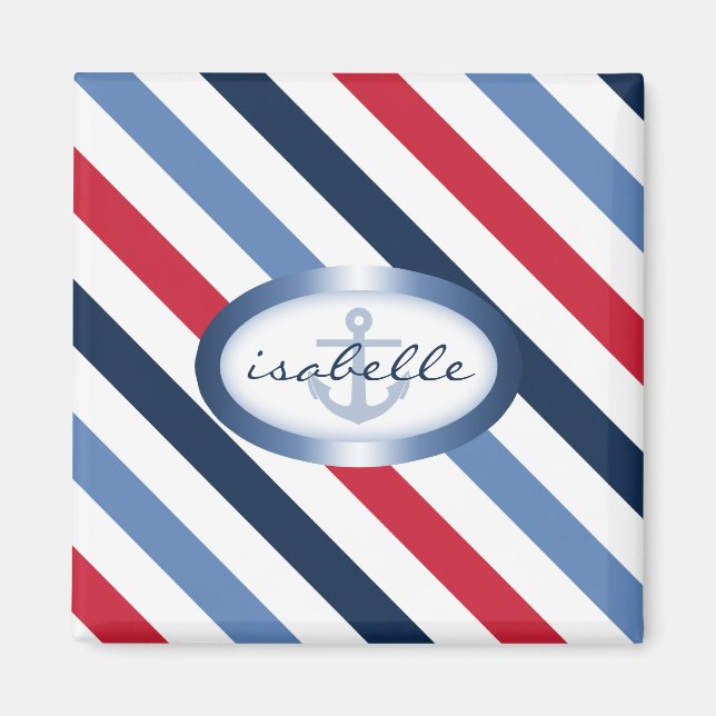 Stripe and Anchor Personalised Nautical Pattern Magnet (Front)