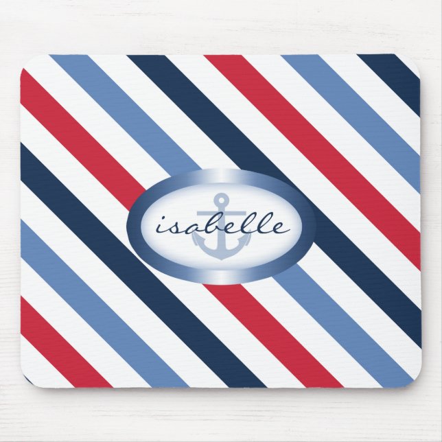 Stripe and Anchor Personalised Nautical Pattern Mouse Pad (Front)