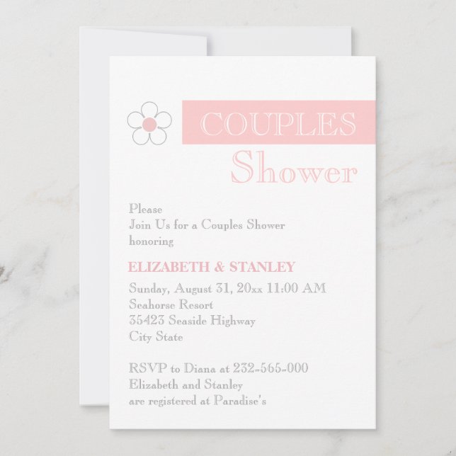 Stripe and flower pink grey wedding couples shower invitation (Front)
