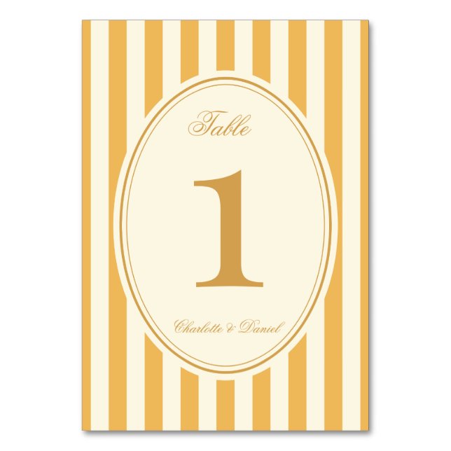 Stripe Custom Mustard Yellow Wedding Table Number (Front)