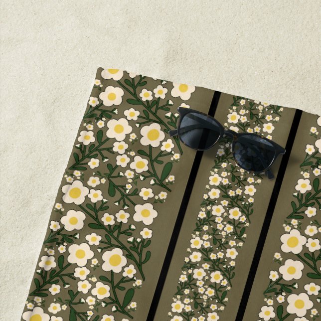 Stripe Dainty Flowers Dusty Fawn Background Beach Towel (In Situ)